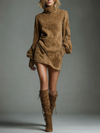 Women's Vintage Suede Mini Party Dress Turtleneck Long Sleeve Loose Fit Casual Retro – Brown