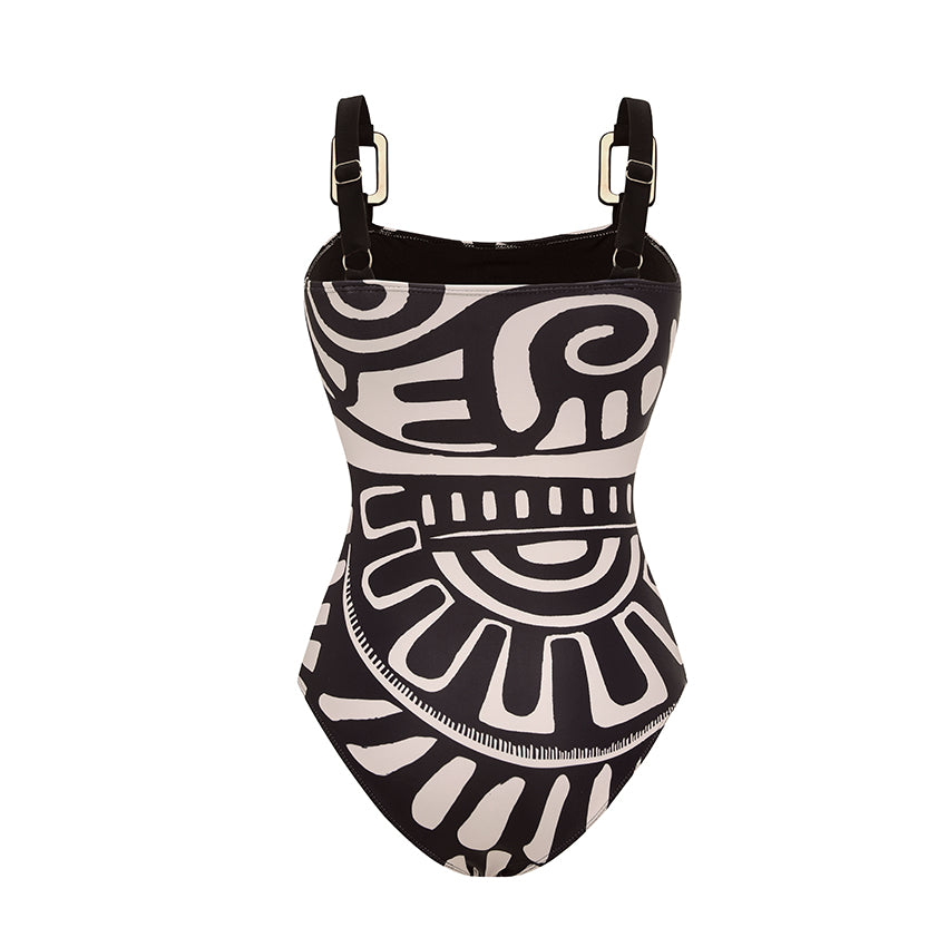 Women's Tribal Print One-Piece Swimsuit & Long Skirt Set Adjustable Straps Beach Vacation Pool Party Summer Resort – Black & White