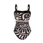 Women's Tribal Print One-Piece Swimsuit & Long Skirt Set Adjustable Straps Beach Vacation Pool Party Summer Resort – Black & White