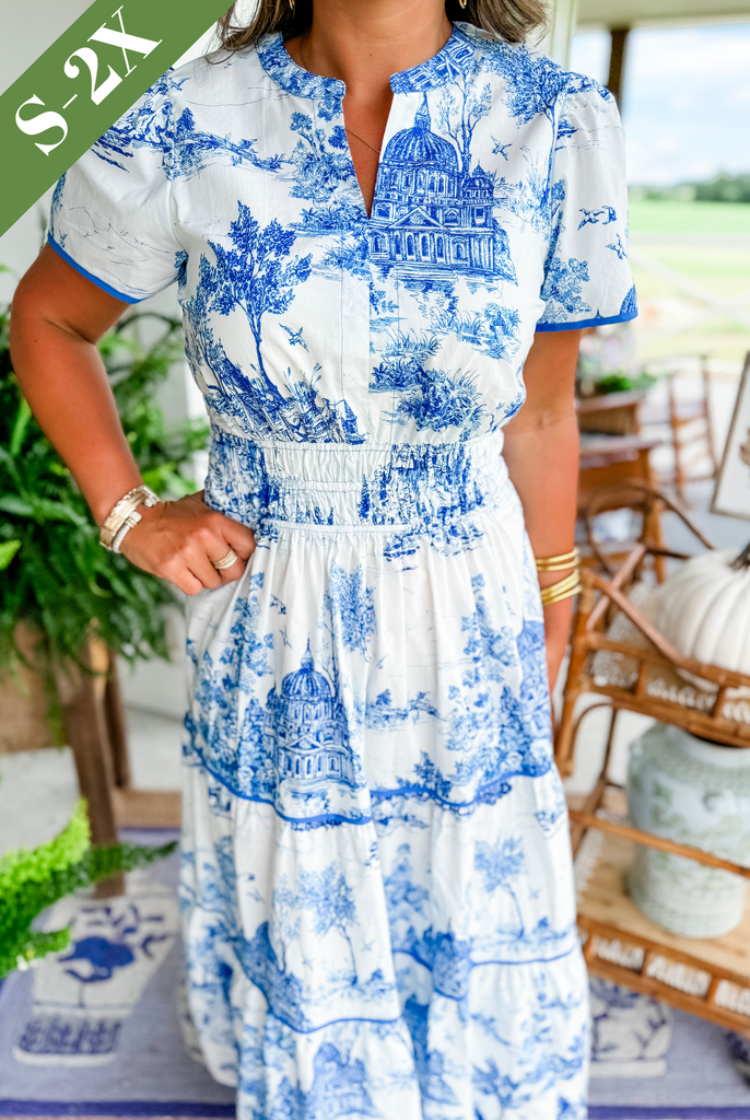 Women's Toile Midi Dress Smocked Waist Tiered Skirt Floral Spring Garden Casual Summer Elegant – Camille