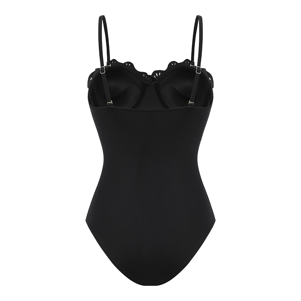 Women's Black Laser Cut Hollow-Out One-Piece Swimsuit & Long Skirt Set Scalloped V-Neck Beach Vacation Resort Pool Party Cruise – Black