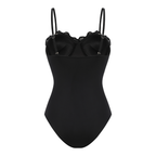 Women's Black Laser Cut Hollow-Out One-Piece Swimsuit & Long Skirt Set Scalloped V-Neck Beach Vacation Resort Pool Party Cruise – Black