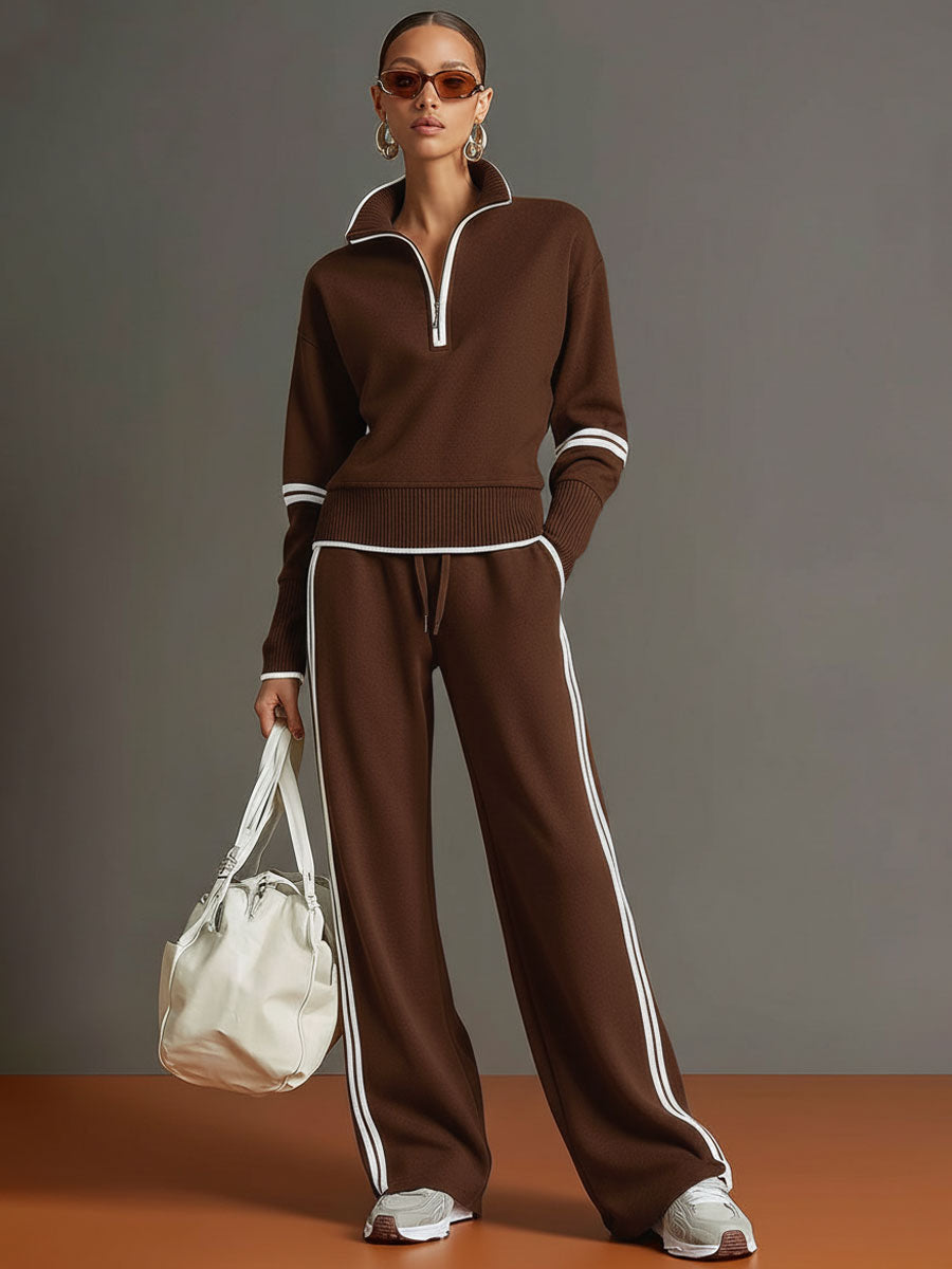 Women's Retro Sporty Two-Piece Set Half-Zip Sweatshirt Wide-Leg Pants Striped Webbing Casual – Grey White
