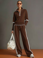 Women's Retro Sporty Two-Piece Set Half-Zip Sweatshirt Wide-Leg Pants Striped Webbing Casual – Grey White