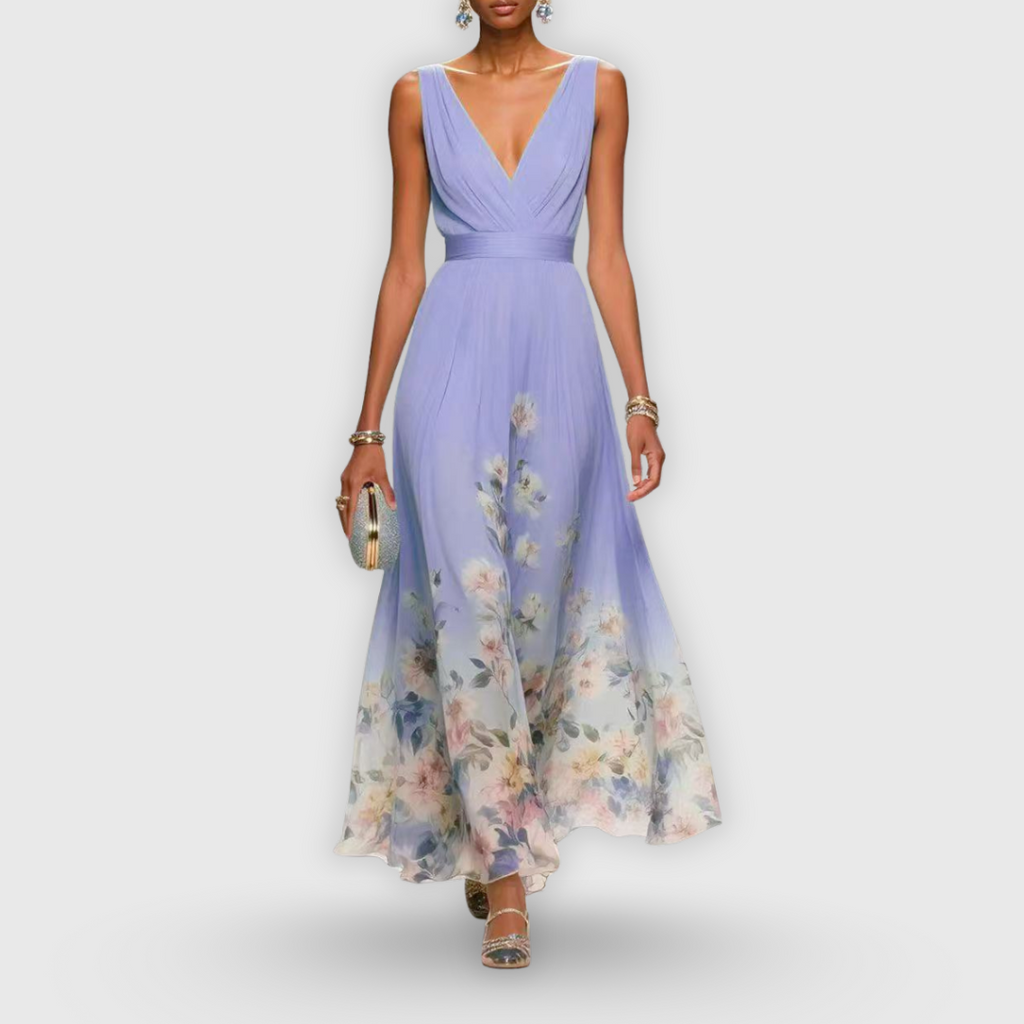 Women's Elegant Floral Midi Dress V-Neck Sleeveless Flowing Formal Wedding Guest Casual – Madeline