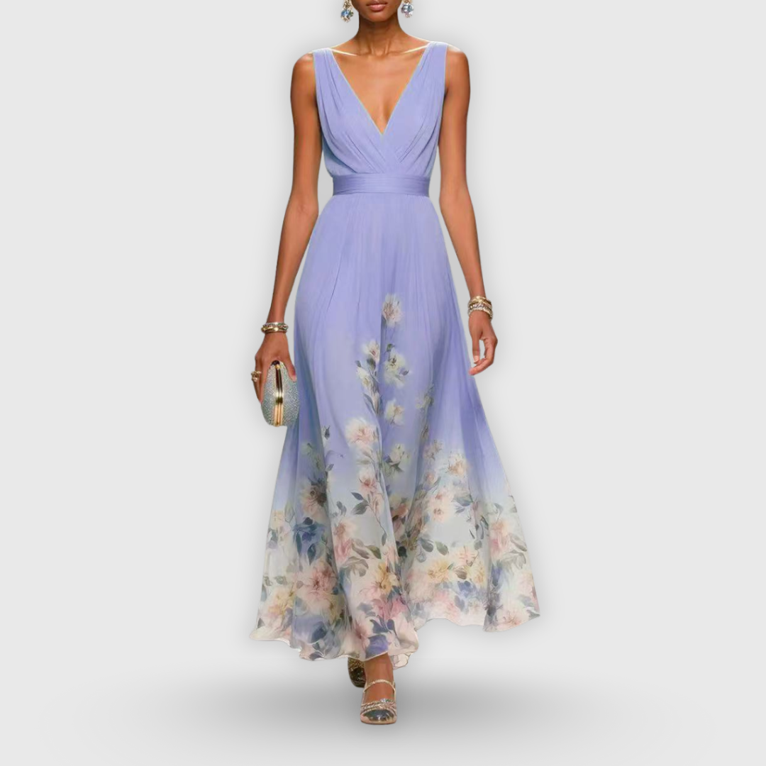 Women's Elegant Floral Midi Dress V-Neck Sleeveless Flowing Formal Wedding Guest Casual – Madeline