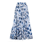 Women's V-Neck Lace-Up Floral Printed One-Piece Swimsuit & Long Skirt Set Tie Shoulder Beach Vacation Resort Pool Party Cruise Honeymoon – Blue & White