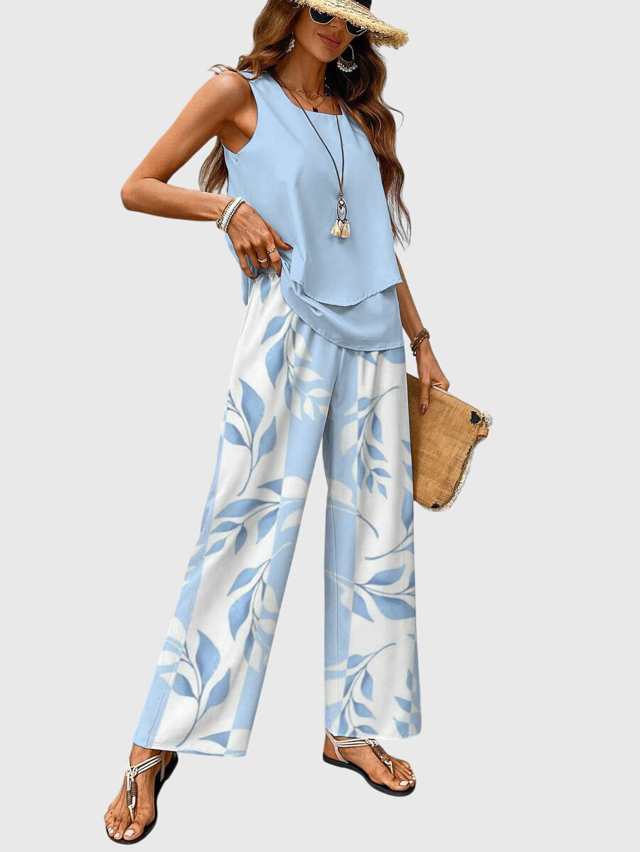 Women's Elegant 2-Piece Summer Set Square Neck Top Wide-Leg Pants Floral Print Casual Chic – Brenda