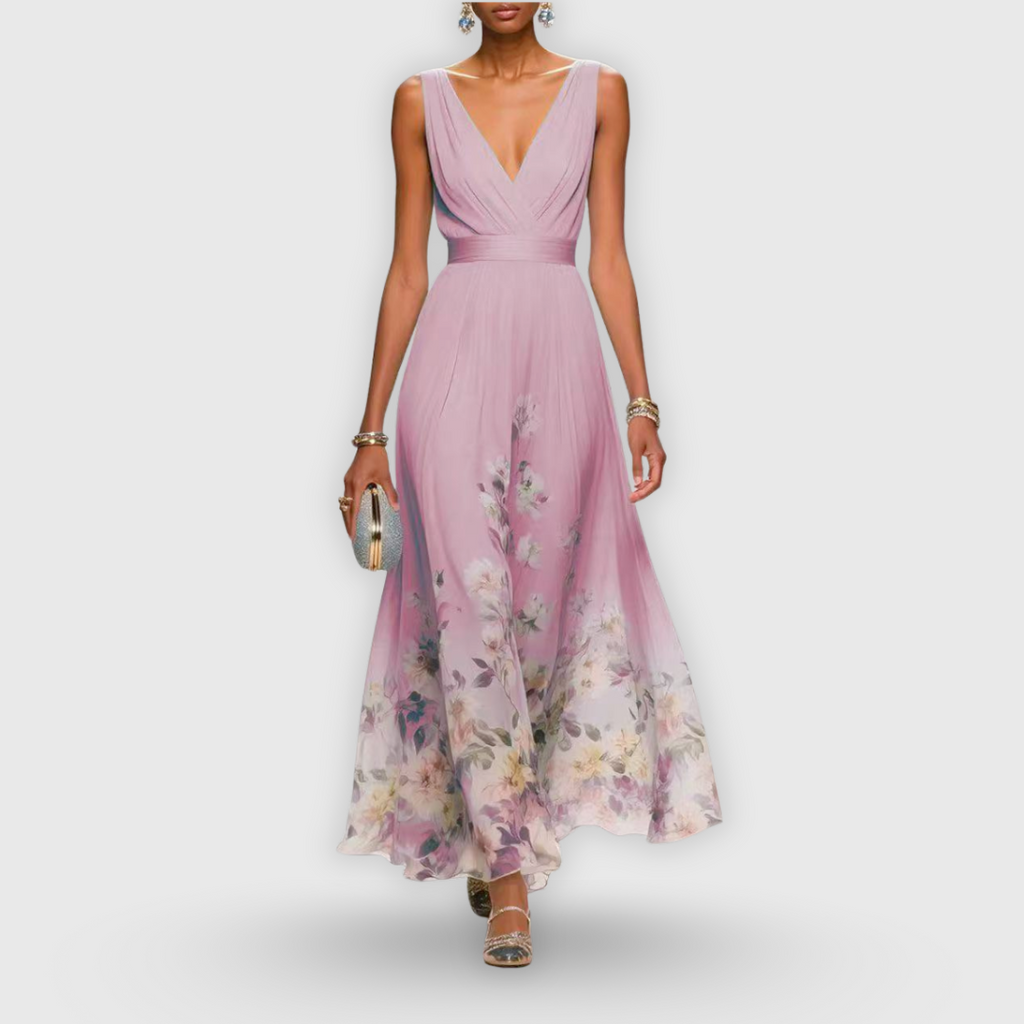 Women's Elegant Floral Midi Dress V-Neck Sleeveless Flowing Formal Wedding Guest Casual – Madeline