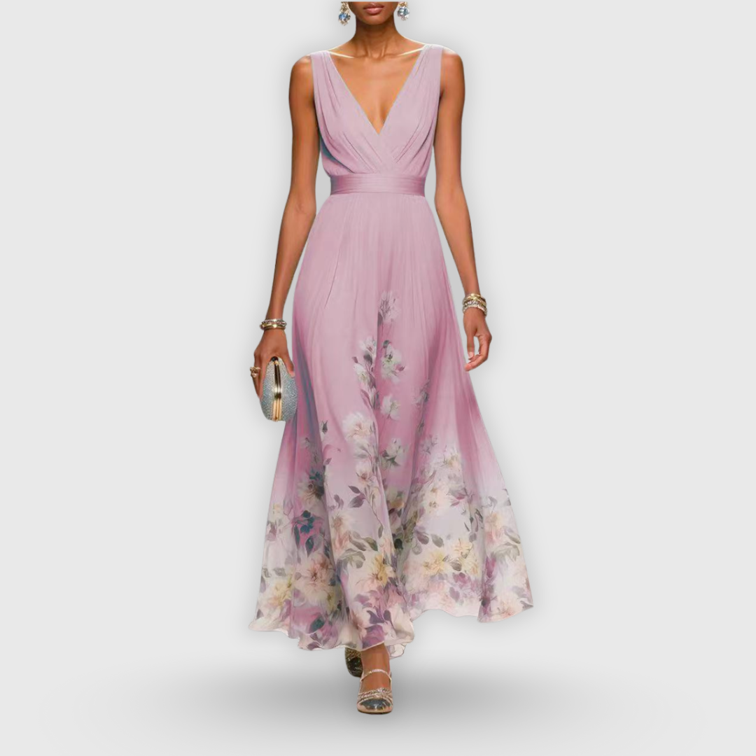 Women's Elegant Floral Midi Dress V-Neck Sleeveless Flowing Formal Wedding Guest Casual – Madeline