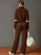 Women's Retro Sporty Two-Piece Set Half-Zip Sweatshirt Wide-Leg Pants Striped Webbing Casual – Grey White