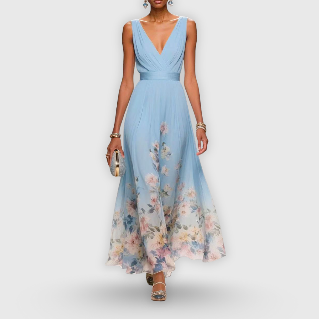 Women's Elegant Floral Midi Dress V-Neck Sleeveless Flowing Formal Wedding Guest Casual – Madeline