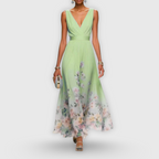 Women's Elegant Floral Midi Dress V-Neck Sleeveless Flowing Formal Wedding Guest Casual – Madeline