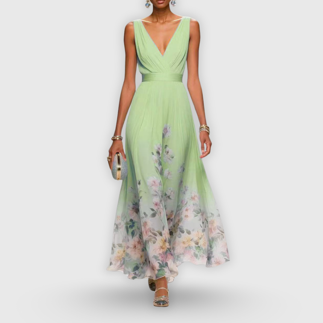 Women's Elegant Floral Midi Dress V-Neck Sleeveless Flowing Formal Wedding Guest Casual – Madeline