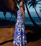 Women's Majolica Print One-Piece Swimsuit & Skirt or Shorts Set Sling Neck Beach Vacation Resort Pool Party Cruise Summer – Blue & White