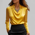 Women's Satin Draped Cowl Neck Long Sleeve Blouse Office Evening Elegant Silky Formal – Rose