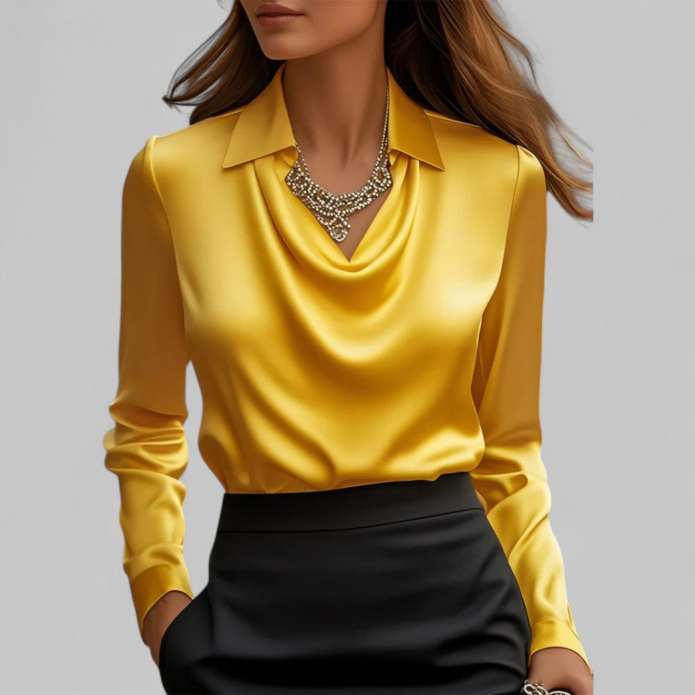 Women's Satin Draped Cowl Neck Long Sleeve Blouse Office Evening Elegant Silky Formal – Rose