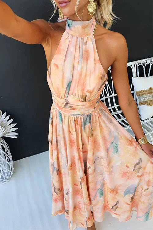 Women's Elegant Watercolour Halter Neck Long Dress Chiffon Floral Formal Wedding Guest Party Dress – Sandra Peach