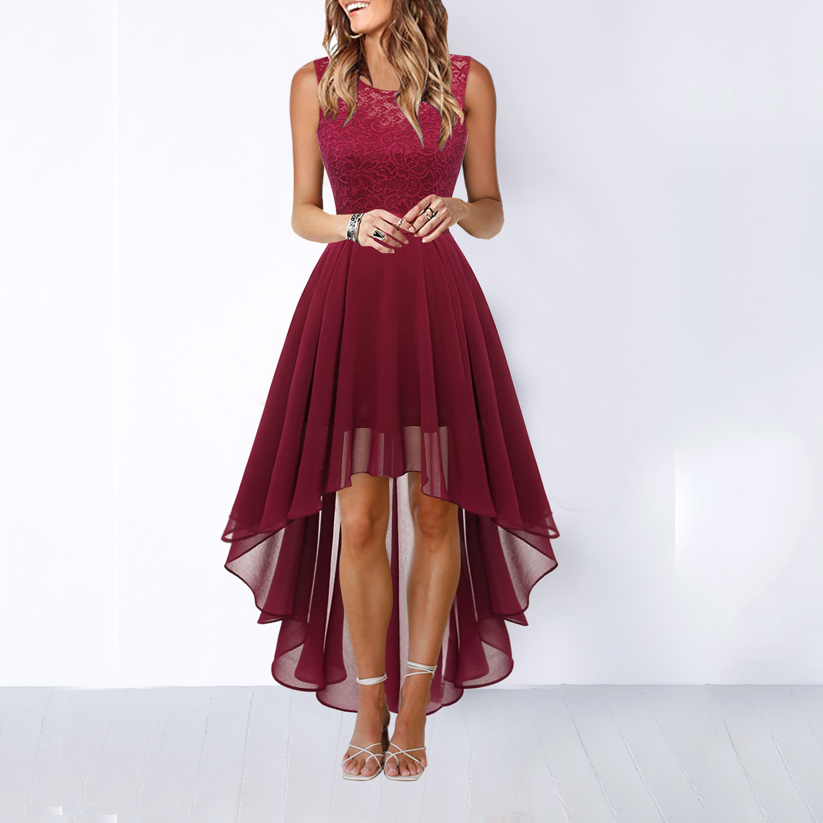 Women's Formal Dress Hi-Low Midi Wedding Guest Sleeveless Fluid Elegant Party Gown