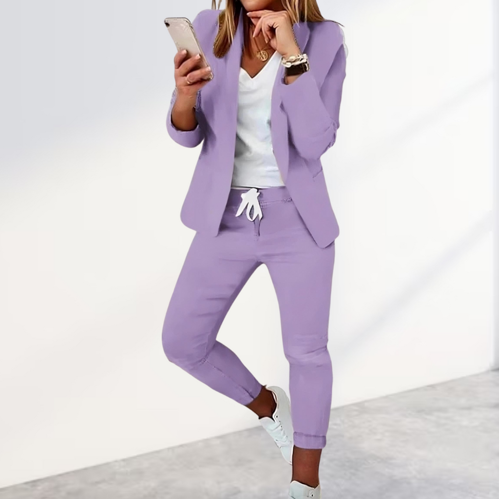 Women's Stylish Blazer & Jogger Trouser Set Business Casual Polyester Slim Fit Everyday – Black