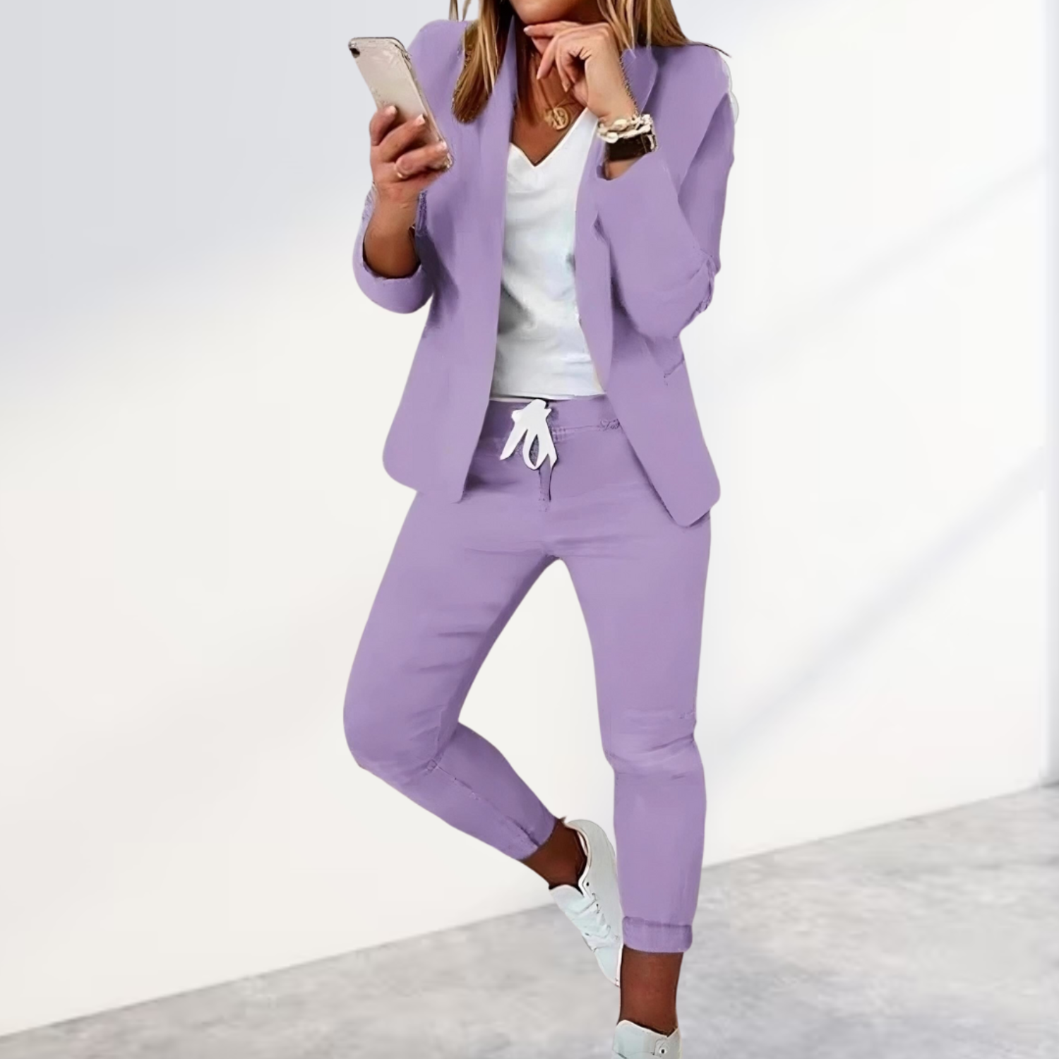 Women's Stylish Blazer & Jogger Trouser Set Business Casual Polyester Slim Fit Everyday – Black