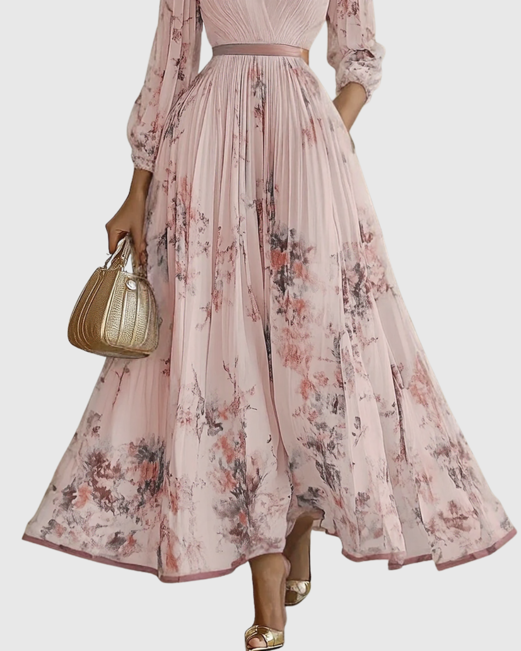 Women's Elegant Pleated Floral Long Dress V-Neck Long Sleeve Ribbon Waist Formal Casual – Rowella