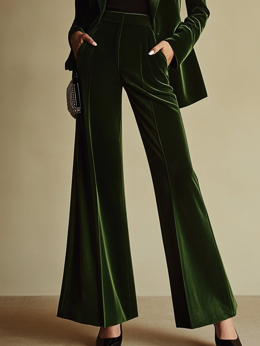 Women's High-End Velvet Two-Piece Suit Notched Lapel Blazer Wide-Leg Pants Retro Elegant – Green