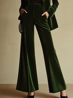 Women's High-End Velvet Two-Piece Suit Notched Lapel Blazer Wide-Leg Pants Retro Elegant – Green