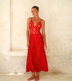 Women's Floral Hollow-Out One-Piece Swimsuit & Long Skirt Set V-Neck Beach Vacation Pool Party Summer Resort – Red