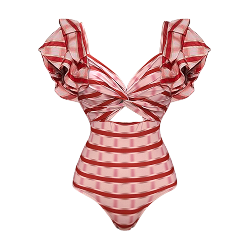 Women's Ruffle Cut-Out One-Piece Swimsuit & Long Skirt Set Red Striped Twist Front Beach Vacation Pool Party Summer Resort – Red & White