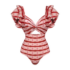 Women's Ruffle Cut-Out One-Piece Swimsuit & Long Skirt Set Red Striped Twist Front Beach Vacation Pool Party Summer Resort – Red & White