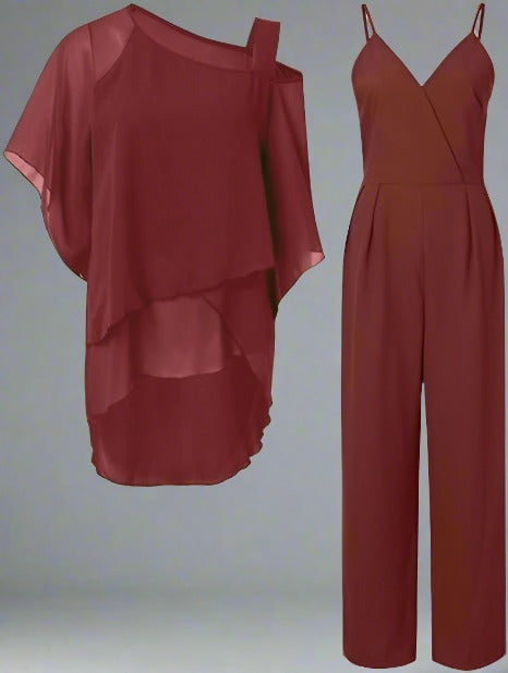 Women's Luxury Chiffon Two-Piece Set Overlay Top Wide-Leg Pants Elegant Evening Office Loose Fit