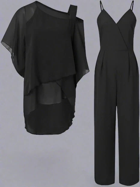 Women's Luxury Chiffon Two-Piece Set Overlay Top Wide-Leg Pants Elegant Evening Office Loose Fit