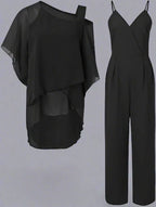 Women's Luxury Chiffon Two-Piece Set Overlay Top Wide-Leg Pants Elegant Evening Office Loose Fit