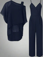 Women's Luxury Chiffon Two-Piece Set Overlay Top Wide-Leg Pants Elegant Evening Office Loose Fit