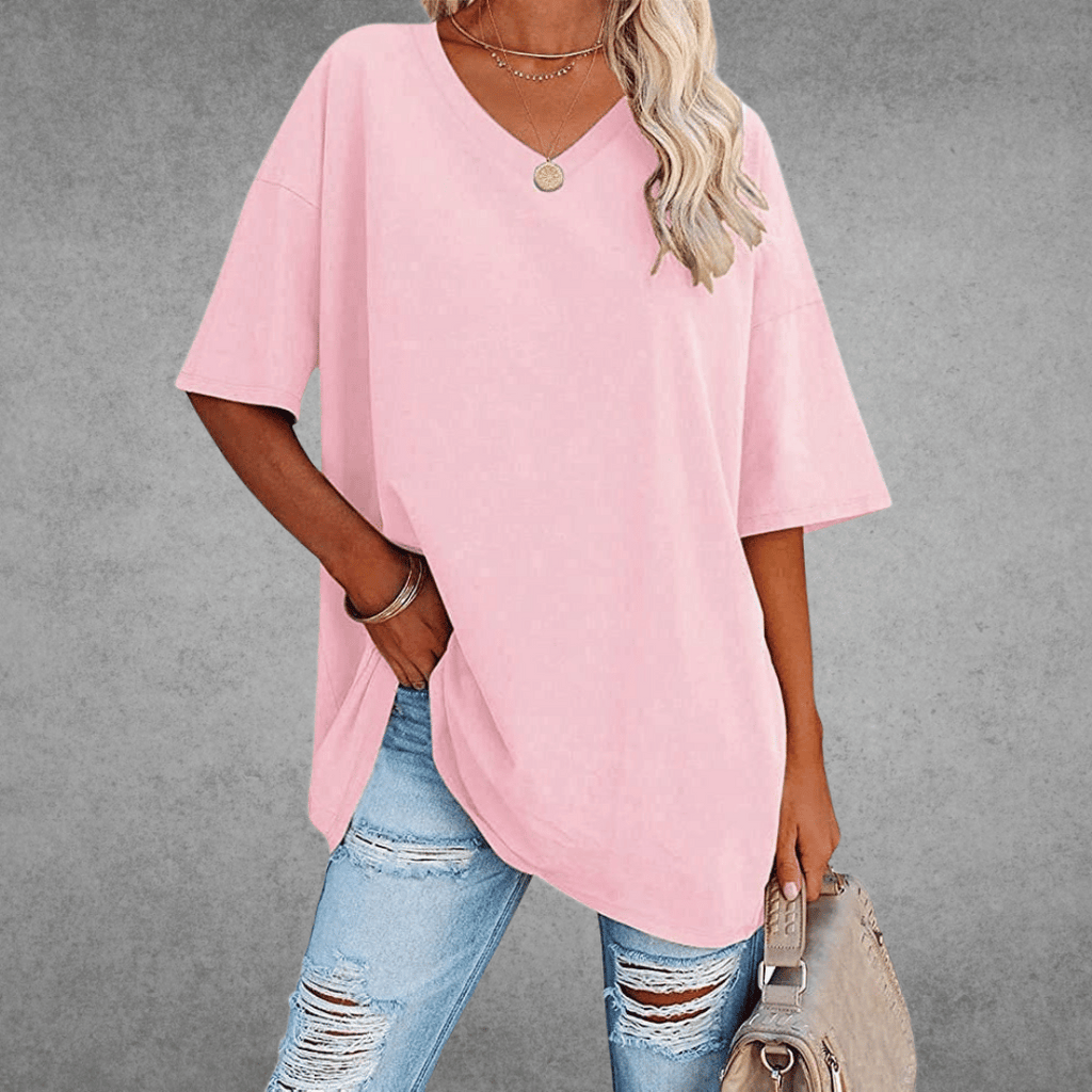 Women's Oversized V-Neck T-Shirt Casual Everyday Relaxed Fit Short Sleeve Comfortable Basic Tee – Kate