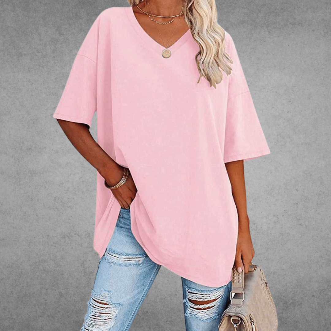 Women's Oversized V-Neck T-Shirt Casual Everyday Relaxed Fit Short Sleeve Comfortable Basic Tee – Kate