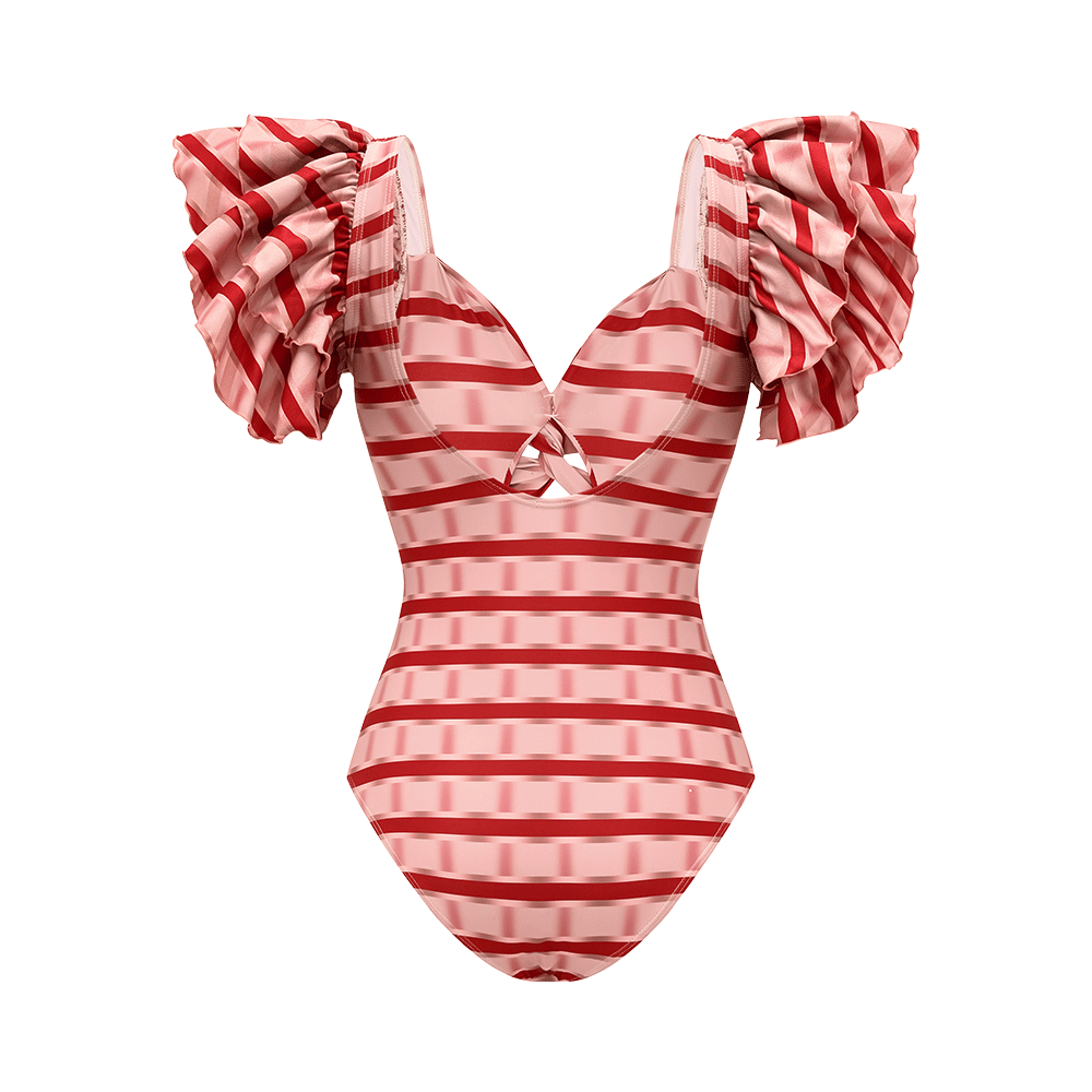 Women's Ruffle Cut-Out One-Piece Swimsuit & Long Skirt Set Red Striped Twist Front Beach Vacation Pool Party Summer Resort – Red & White