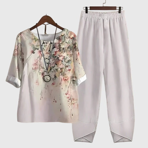 Women's Casual Loose Two-Piece Set Printed Short Sleeve Top Wide-Leg Pants Comfortable Everyday – Alessia