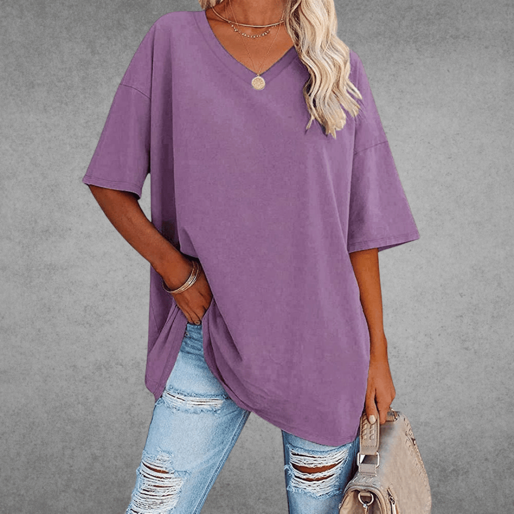 Women's Oversized V-Neck T-Shirt Casual Everyday Relaxed Fit Short Sleeve Comfortable Basic Tee – Kate