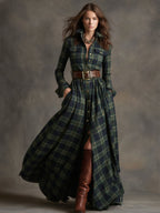 Women's Retro Ethnic Plaid Cowgirl Long Dress Lapel Belted Long Sleeve Casual Relaxed – Reddish Brown
