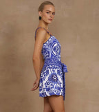 Women's Majolica Print One-Piece Swimsuit & Skirt or Shorts Set Sling Neck Beach Vacation Resort Pool Party Cruise Summer – Blue & White