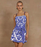 Women's Majolica Print One-Piece Swimsuit & Skirt or Shorts Set Sling Neck Beach Vacation Resort Pool Party Cruise Summer – Blue & White