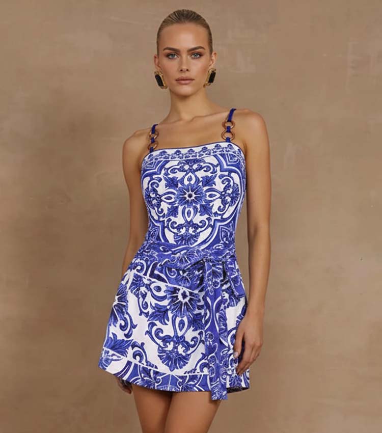 Women's Majolica Print One-Piece Swimsuit & Skirt or Shorts Set Sling Neck Beach Vacation Resort Pool Party Cruise Summer – Blue & White