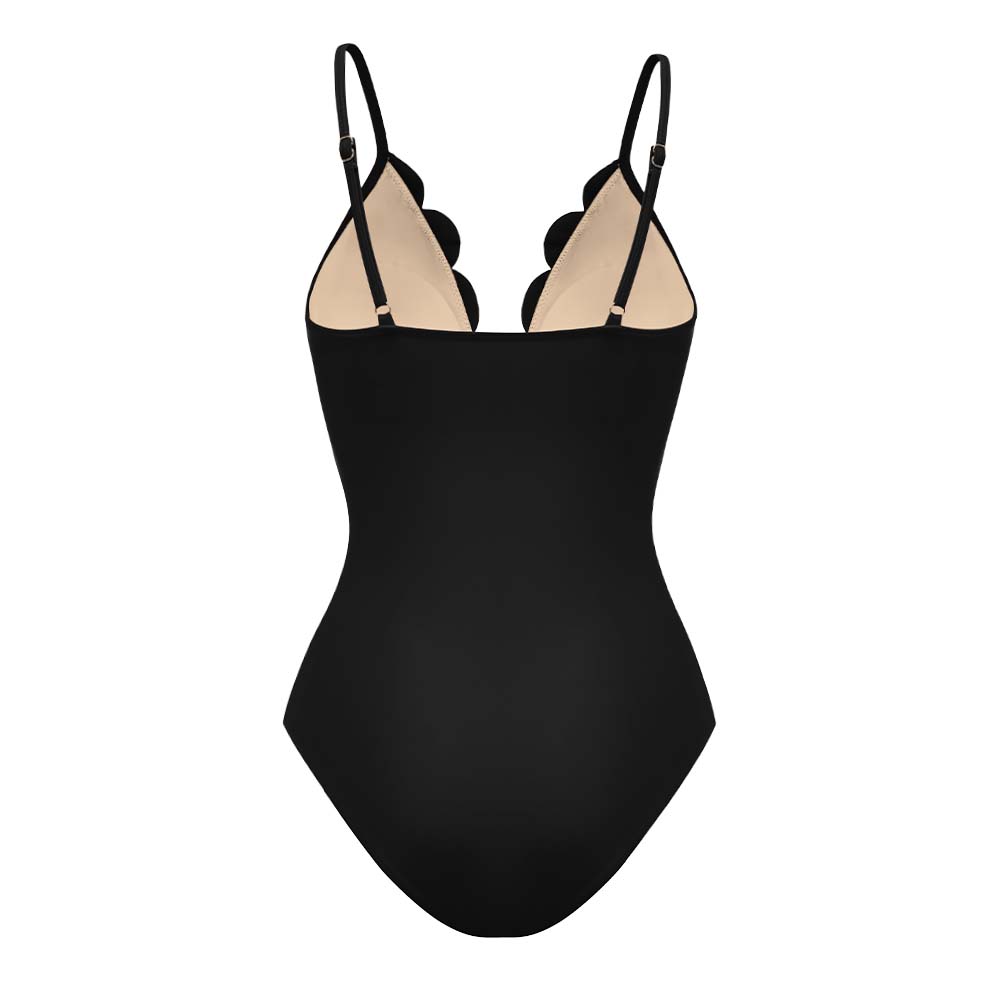 Women's Laser Cut Floral Hollow-Out One-Piece Swimsuit & Long Skirt Set V-Neck Beach Vacation Pool Party Resort Cruise – Black