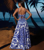 Women's Majolica Print One-Piece Swimsuit & Skirt or Shorts Set Sling Neck Beach Vacation Resort Pool Party Cruise Summer – Blue & White