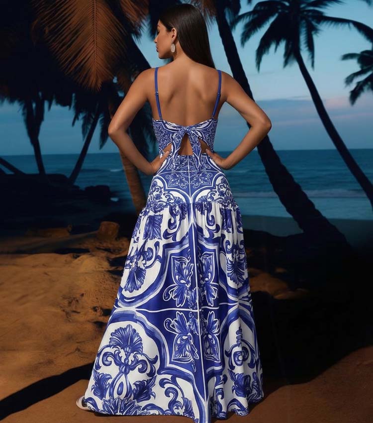 Women's Majolica Print One-Piece Swimsuit & Skirt or Shorts Set Sling Neck Beach Vacation Resort Pool Party Cruise Summer – Blue & White