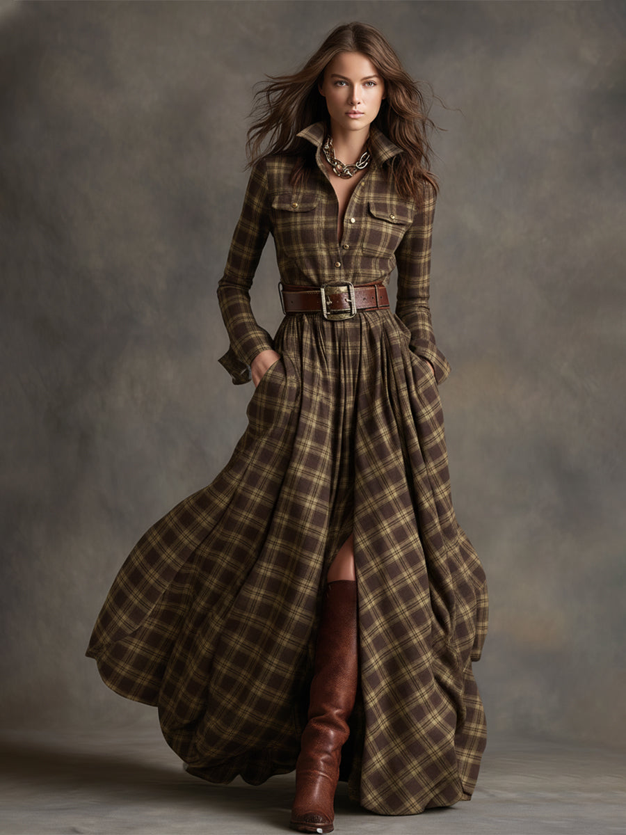 Women's Retro Ethnic Plaid Cowgirl Long Dress Lapel Belted Long Sleeve Casual Relaxed – Reddish Brown