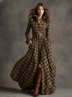 Women's Retro Ethnic Plaid Cowgirl Long Dress Lapel Belted Long Sleeve Casual Relaxed – Reddish Brown