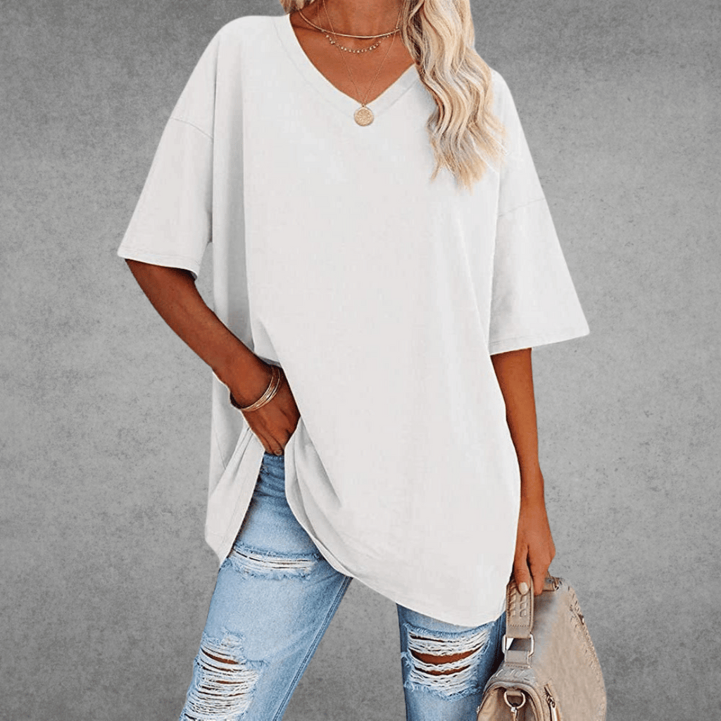 Women's Oversized V-Neck T-Shirt Casual Everyday Relaxed Fit Short Sleeve Comfortable Basic Tee – Kate